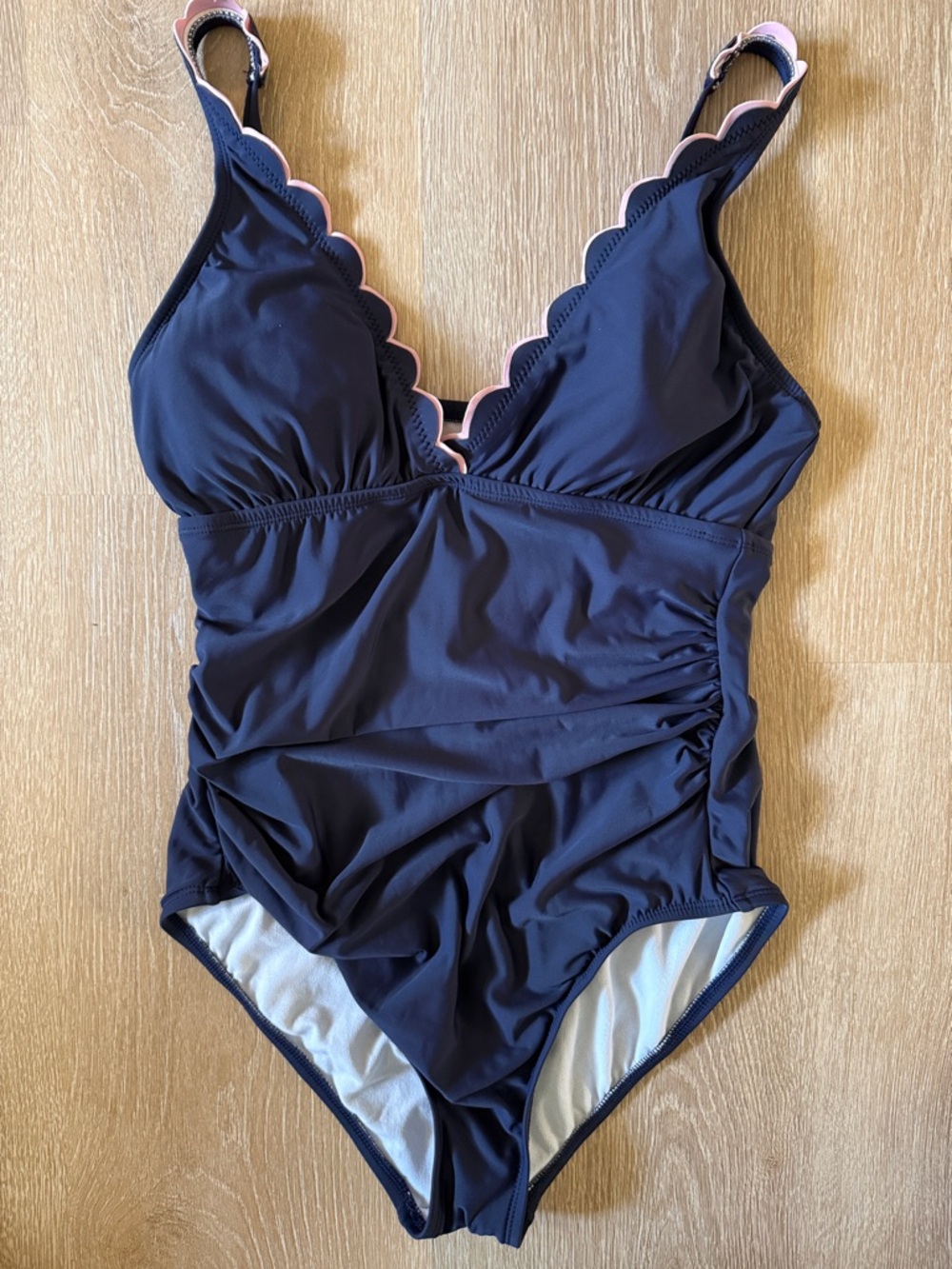 Draper James RSVP Navy One-Piece Swimsuit with Pink Scallop Trim